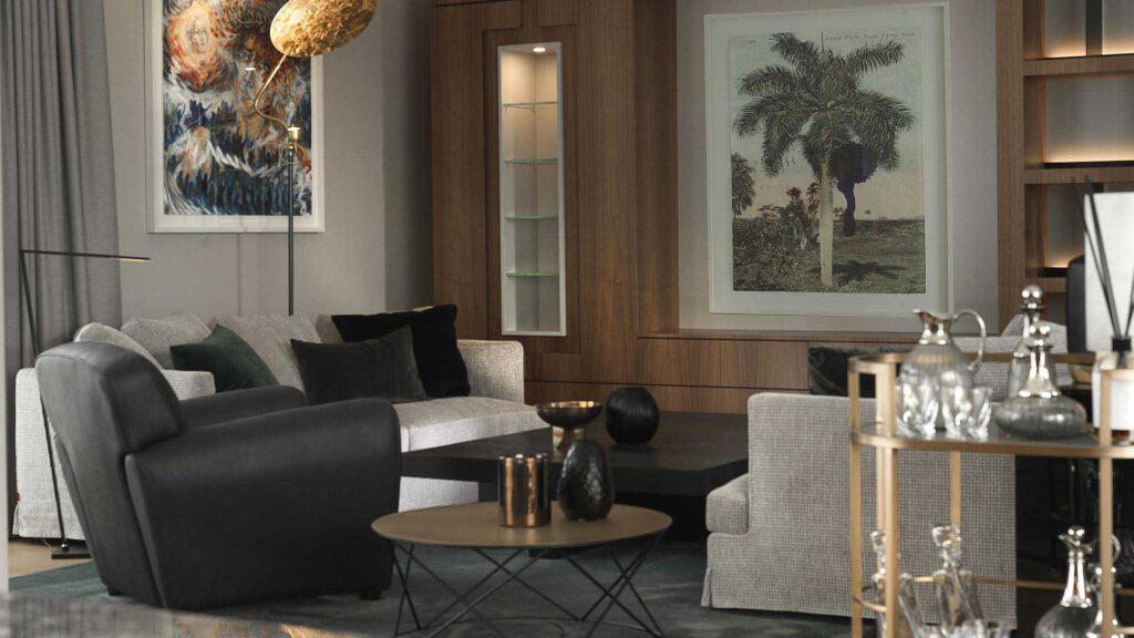 Living area at Nº3 Schinkelplatz in Berlin-Mitte with custom-made shelving and curated art