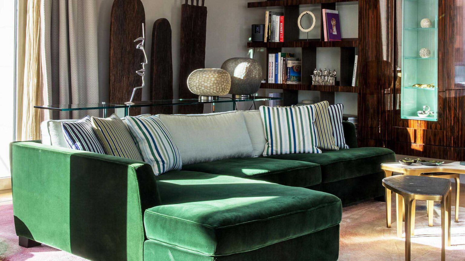 Detail of a living area in Nº3 Schinkelplatz in Berlin-Mitte with designer furniture and curated art