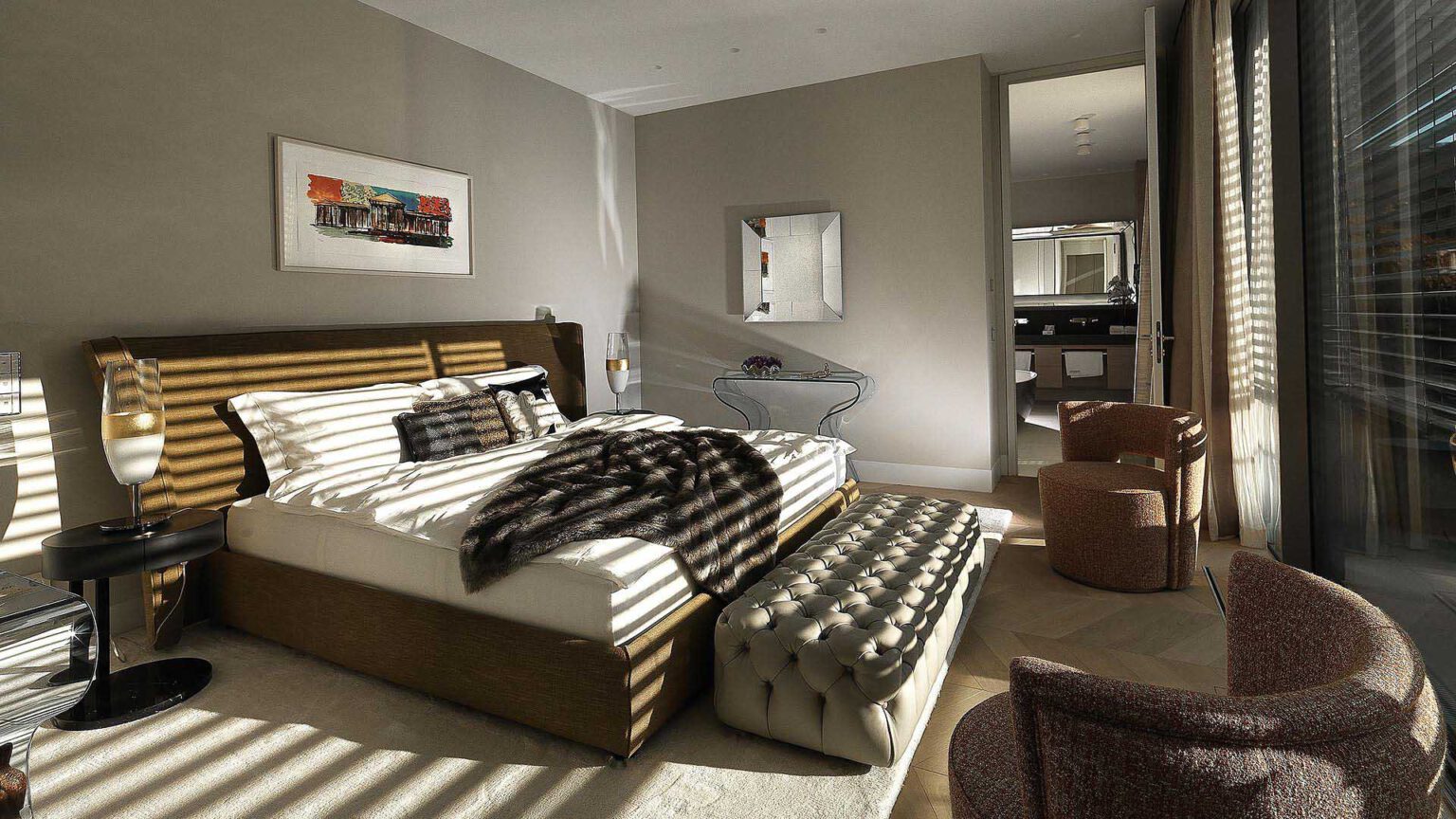 Bedroom at Nº3 Schinkelplatz in Berlin-Mitte with high-quality bed and calm lighting mood