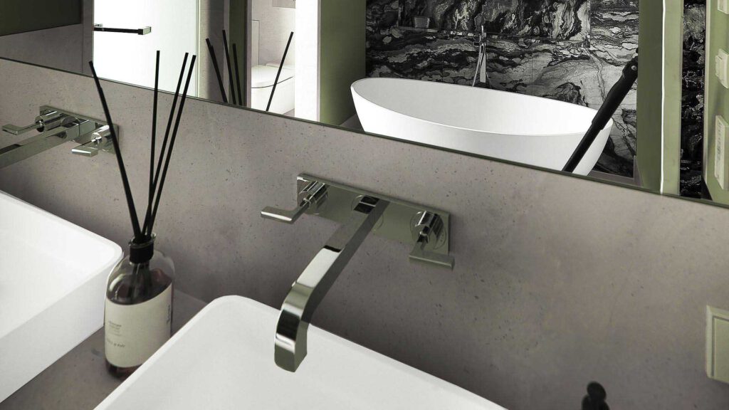 Bathroom in Nº3 Schinkelplatz in Berlin-Mitte with washbasin, mirror and view of the free-standing bathtub