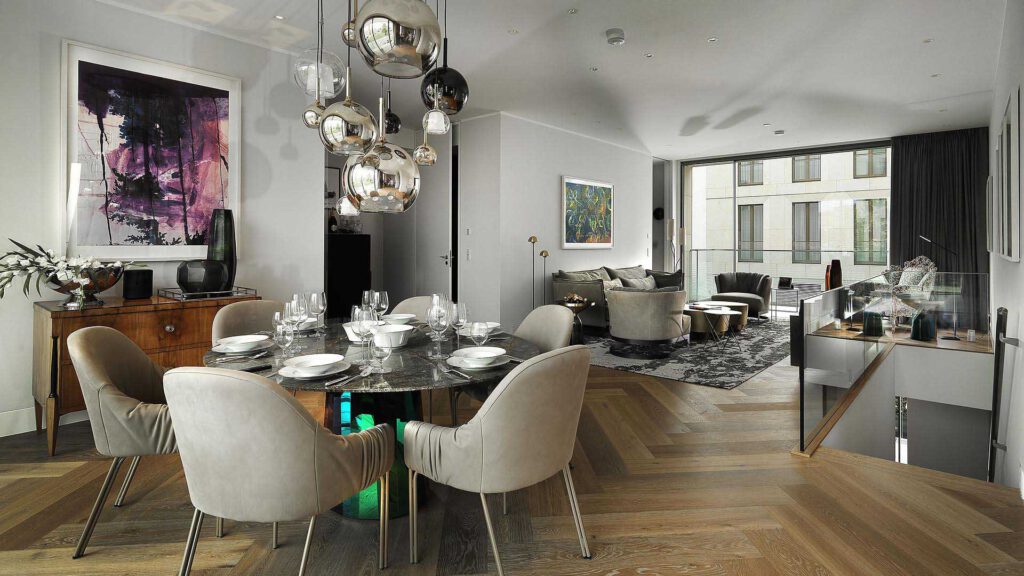 Open-plan living and dining area in Nº3 Schinkelplatz in Berlin-Mitte with gallery and designer furniture