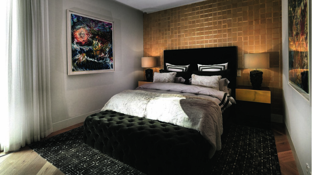 Bedroom at Nº3 Schinkelplatz in Berlin-Mitte with double bed and stylish wall design