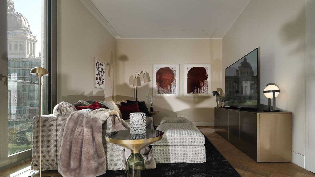 Living area in Nº3 Schinkelplatz in Berlin-Mitte with sofa and view of the Berlin City Palace